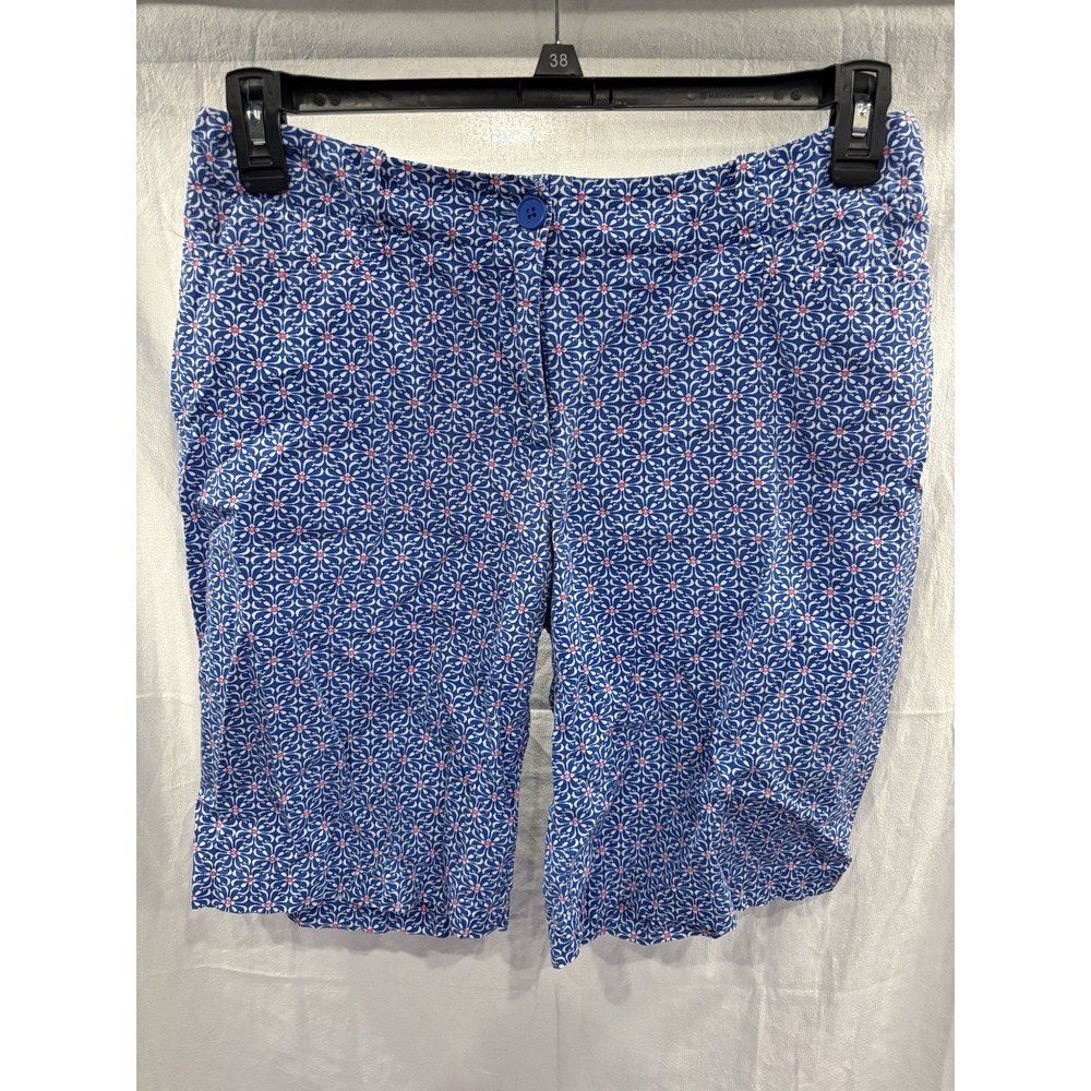 Talbots Women's Bermuda Shorts Size 6 Blue Pink Geometric Print Stretch Cotton